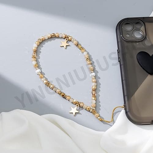 SYSUII Anti-Lost Bead Phone Lanyard Wrist Strap,Trendy Crystal Bead Mobile Phone Chain Five-Pointed Star Phone Charm Strap Cellphone Hanging Cord Telephone Chain Keychain for Women Girls,Gold - Gold thumbnail 3
