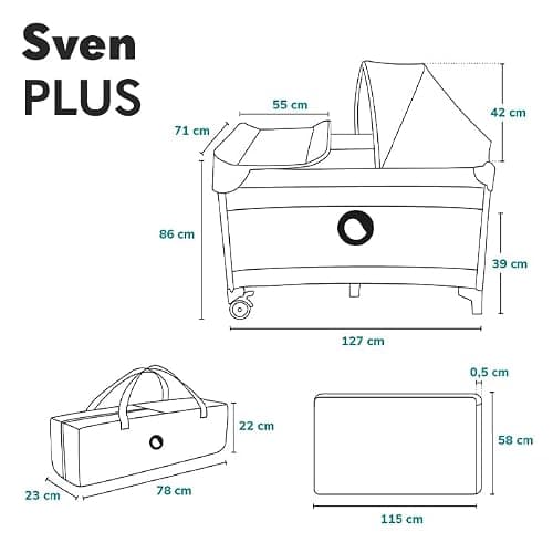 Lionelo Sven Plus 2in1 Travel Cot and Portable Baby Zone for newborns 0-36 Months Foldable with 2-level Heights, Changing Table, Mattress, Side Entrance Mesh Walls Mosquito Net Canopy Wheels Organiser thumbnail 2