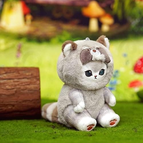 QHUACIZJL Cute cat keychain 5" plush backpack accessories bag pendant cute keychain gift - Racoon Cat thumbnail 3