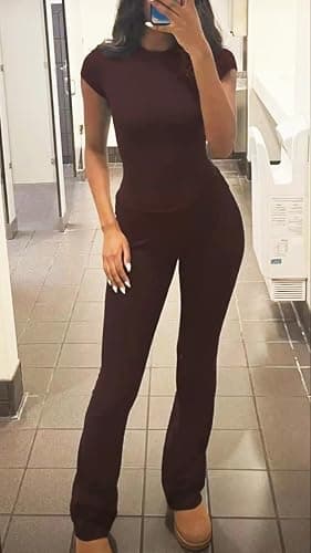 ZFLM Casual Workout Two Piece Outfits for Women Short Sleeve Crop High Waist Foldover Flare Pants Tracksuit Sets Streetwear thumbnail 3