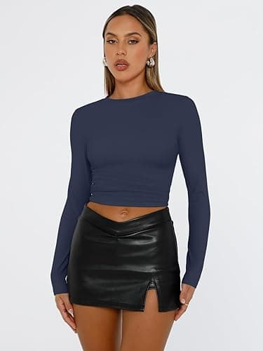 Trendy Queen Womens Long Sleeve Shirts Basic Tees Crop Tops Going Out Spring 2025 Workout Outfits Y2k Clothes - Small - Navy thumbnail 2