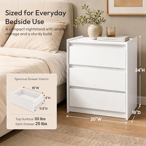 FurniXpress 24" Tall Nightstand with Charging Station Including USB-C, Modern Bedside Table and Sofa End Table - White, 3 Drawers, 1-Pack thumbnail 2