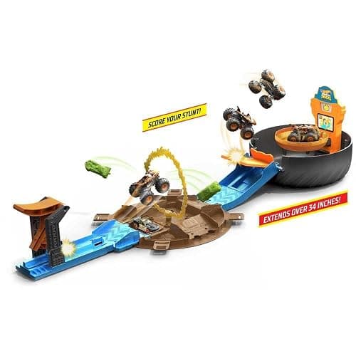 Hot Wheels Toy Monster Trucks Playset, Tire-Shaped Case Transforms into Race Course, 3 Trucks & 4 Cars in 1:64 Scale, Stunt Tire (Amazon Exclusive) thumbnail 7