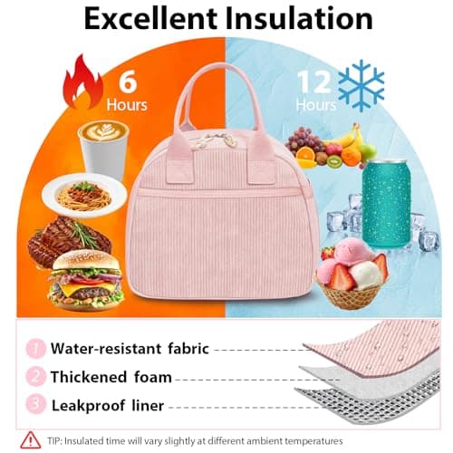CetyVoyie Insulated Lunch Bag for Women, Reusable Lunch Box Cute Corduroy Lunch Tote Large Capacity Cooler Bags for Work Picnic(PP Pink) thumbnail 5