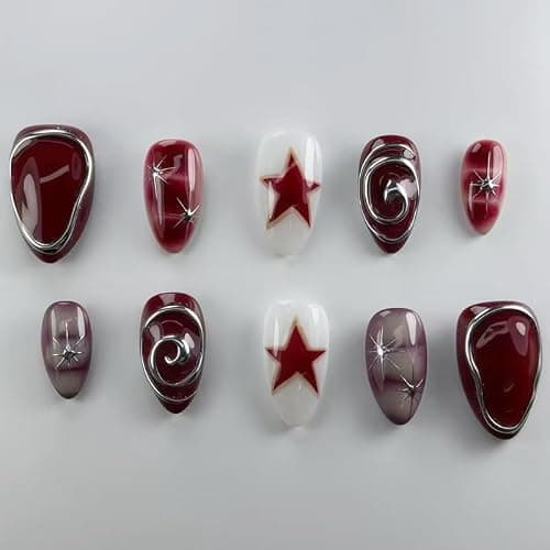 MouyouGlow Press on Nails Kurz,Almond Dunkel Rot Burgundy 3D Silber Kreis Chrome Sterne Mandel Design Fake Nails,Dark Wine Red Silver Wellenlinie Sommer Künstliche Fingernägel - Image 1