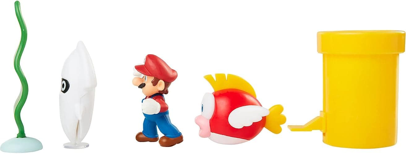 Nintendo Super Mario Underwater 2.5" Figure Diorama Play Set, Includes: Mario, Cheep-Cheep, Blooper, Mechanical Warp Pipe, Spinning Water Plant & Two Coins thumbnail 4