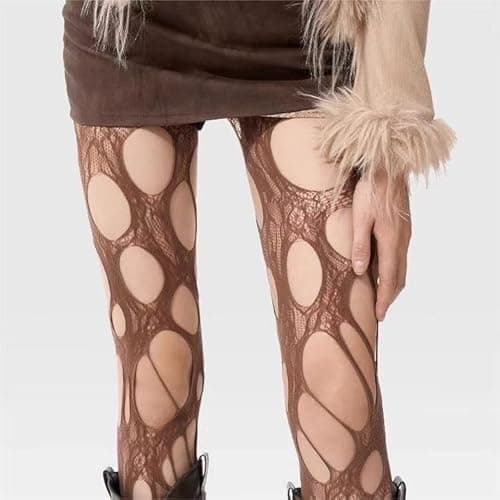 RUSTAMM Ripped Fishnet Stockings Tights Gothic Irregular Hole Hollow Out Mesh Lace Pantyhose Women Cosplay Party Accessories - One Size - Brown thumbnail 6