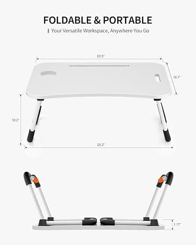 FISYOD Foldable Laptop Table, Portable Lap Desk Bed Table Tray, Laptop Stand with Cup Holder & Tablet Slot & Lifting Handle for Working Writing Drawing & Eating (White) thumbnail 2