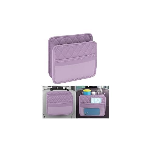 Mandark PU Leather Car Seat Back Organizer, Purple | Three-pocket layout with clear panel, elastic strap installation, fits most cars, SUVs, and trucks, car interior accessories - Image 1