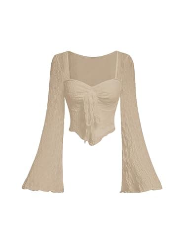 SOLY HUX Women's Long Bell Sleeve Tops Mesh Sweetheart Neck Going Out Crop Top Casual Asymmetrical T Shirts Tees - Image 1