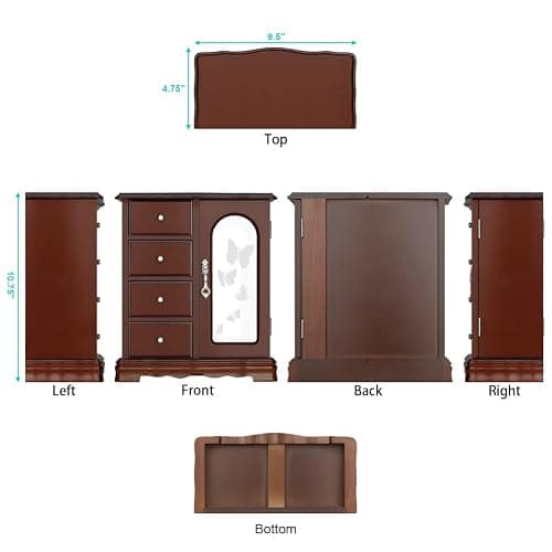 RR ROUND RICH DESIGN Jewelry Box - Made of Solid Wood with 4 Drawers Organizer and Built-in Necklace Carousel and Large Mirror Brown thumbnail 3