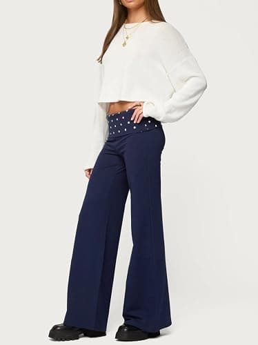 Pivanzore Fold Over Yoga Pants for Women Low Rise Wide Leg Leggings Sweatpants Y2k Cozy Stretchy Foldover Lounge Pants thumbnail 4