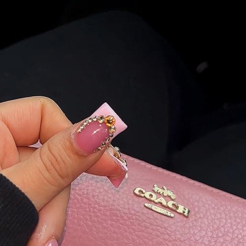 Pink French Tips Press on Nails Medium Duck Fake Nails with Gold Butterfly Bow Rhinestone Charm Design Duckbill False Nails Glossy Skin Tones Stick on Nails Summer Nails for Women Girls Manicure 24Pcs thumbnail 2