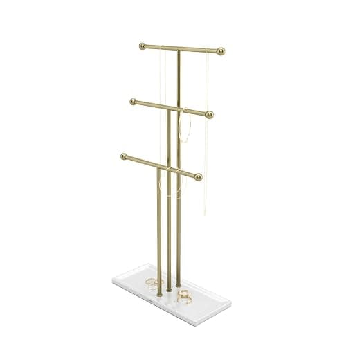 Umbra Trigem Jewelry Stand, Tiered Necklace Holder, Steel, White/Gold | Multi level design, tangle free solution, doubles as accessory tray, padded scratch protection - Image 1