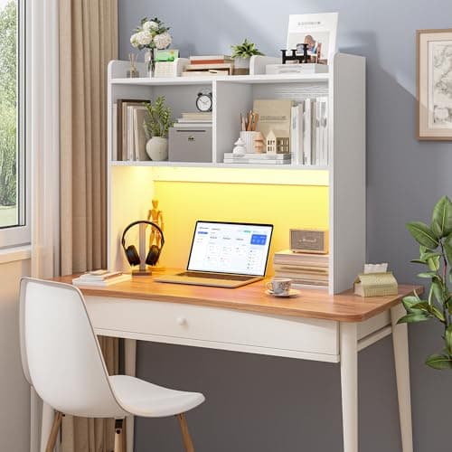 REIBII Desk Hutch Dorm for Computer Monitor Up to 27", Dorm Desk Hutch Top Only with RGB Light Strip, Wooden Desktop Bookshelf with 6 Shelves, 3-Tier Desktop Shelf for Home Office Dorm, White thumbnail 7