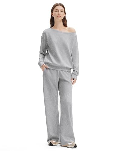 SUUKSESS Women 2 Piece Lounge Matching Set Off Shoulder Sweatshirt Wide Leg Sweatpant - Image 1