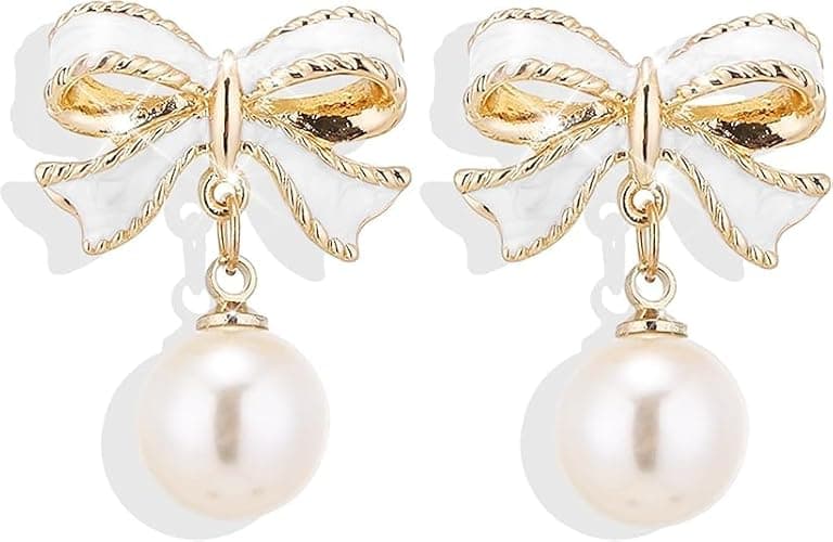 Gold Bow Earrings for Women, Long Tassel Chain Drop Earrings, Trendy Small Bow Earrings, Ribbon Waterfall Dangling Earrings, Pearl Bow Earrings, Sparkly Elegant Bowknot Preppy Jewelry Gifts for Women - Image 1