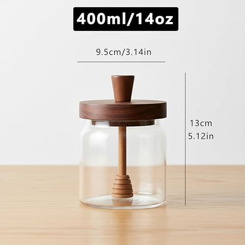 hiwafifi Glass Honey Jar with Dipper and Lid, 14 OZ Airtight Honeypot with Acacia Wood Lid, Coffee Syrup Dispenser, Round Honey Storage Container, Kitchen Dining Gifts for Her Bar Accessories thumbnail 3
