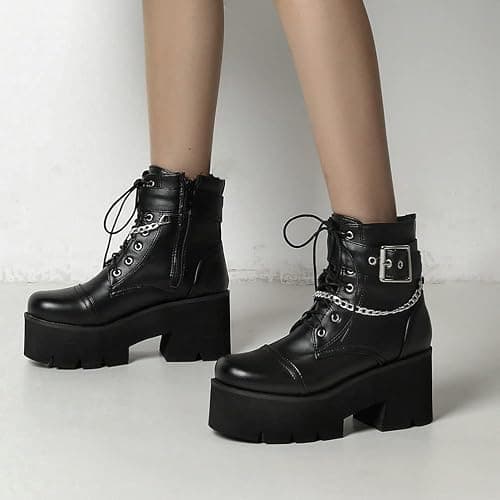 LUXMAX Women Buckle Goth Chunky Platform Ankle Boots Lace Up High Heel Motorcycle Boots with Chain thumbnail 7
