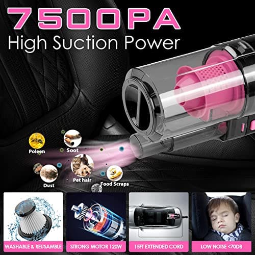 Viewsun 17pcs Car Cleaning Kit, Pink Car Interior Detailing Kit with High Power Handheld Vacuum, Detailing Brush Set, Windshield Cleaner, Cleaning Gel, Complete Auto Accessories for Women Gift thumbnail 2