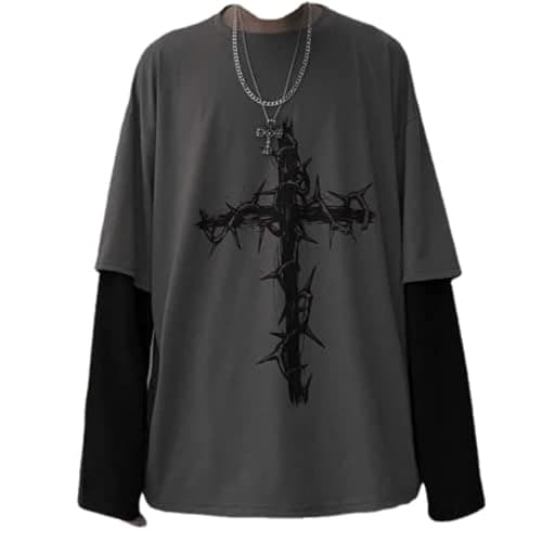 Goth Shirt Gothic Shirt Fake Two-Piece Alternative Clothing Goth Long Sleeve Top Grunge Clothes - Image 1