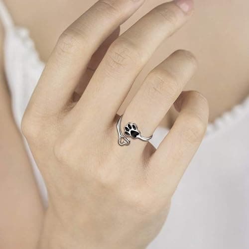Puppy Lovers Paw Print Heart 925 Sterling Silver Adjustable Ring - Pet Animal Jewelry Creative Pierced Love Dog Cat Claw Ring - Gift for Pet Loving Friends and Families thumbnail 5
