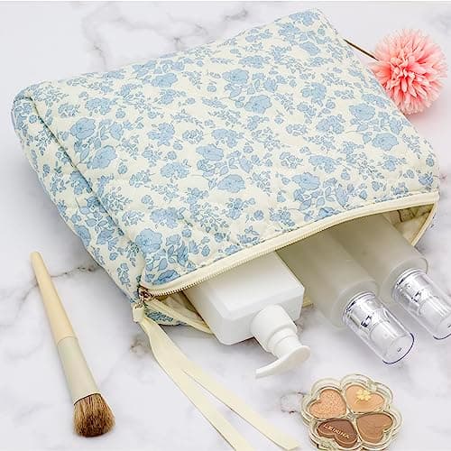 Cotton Makeup Bag for Women Large Quilted Travel Cosmetic Pouch Girls' Make Up Organizer,Little Flower Blue thumbnail 3