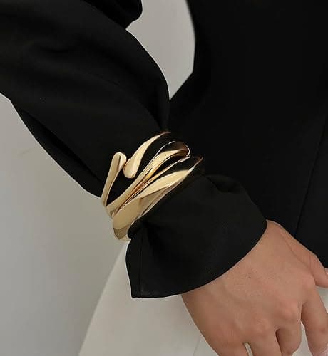 Chunky Gold Bangle Bracelets for Women, Dainty 14k Gold Plated Big Stackable Bangles Set, Trendy Statement Cuff Bracelet Stack Fashion Jewelry Gifts thumbnail 4