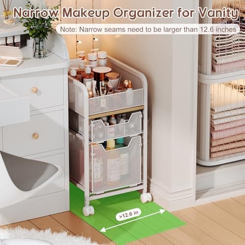 Hongtamoya Rolling Makeup Cart Organizer with 2 Drawers, Narrow Floor Skincare Organizers, Vanity Organizer Cosmetics Display Cases Holder for Skin Care Nail Polish Perfume Makeup Brush, White thumbnail 2