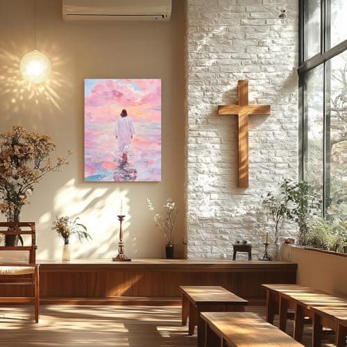 FASWQ Framed Jesus Wall Art, Pink Jesus Walking On Water Wall Decor, Minimalist Religious Savior Canvas Painting, Modern Christian Bible Aesthetic Picture for Church Hospital Prayer Areas, 16x24 Inch thumbnail 5