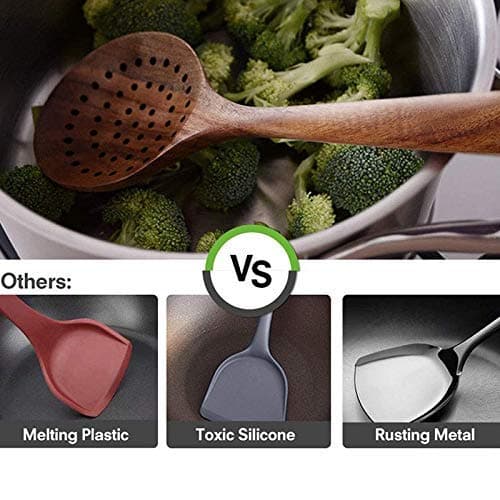 Lot de 6 Ustensiles de Cuisine en Bois de Teck Naturel - Grande Taille, Antiadhésifs, Cuillères, Spatule, Passoire - Durables thumbnail 5