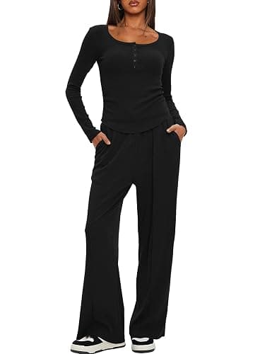 Darong Women's Fall Trendy 2 Piece Outfits Lounge Sets Long Sleeve Top Henley Shirts Wide Leg Pants Travel Clothes thumbnail 5