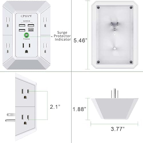 Wall Charger, Surge Protector, QINLIANF 5 Outlet Extender with 4 USB Charging Ports, 3-Sided 1680J Power Strip Multi Plug Adapter Spaced for Home Travel Office thumbnail 7