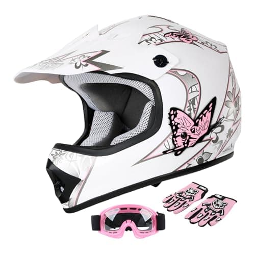 SLMOTO Dot Youth Kids Helmet Motocross Offroad Street Helmet Motorcycle Helmet Dirt Bike Motocross ATV Pink Butterfly Design Helmet Goggles Gloves Large - Image 1