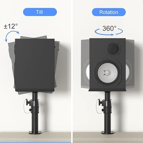 suptek Clamp-on Speaker Stand Desk Mount Set, Height Adjustment, Tilt, Swivel, 9.6 x 8.8 inch Trays, Universal Audio Holders for Computer and Bookshelf Speakers, Elevated Sound, 2 Pack, Black, SDM001B thumbnail 2