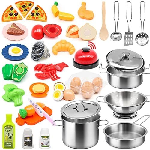 37Items 59Pcs Kids Pretend Play Kitchen Accessories Set, Stainless Steel Play Pots and Pans Sets for Kids, Cooking Utensils, Play Food Pizza Knife Kitchen Playset Toys Gift for Boys Girls Toddlers - Image 1