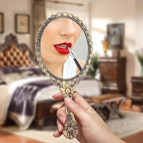 YUSONG 12 Pcs Vanity Handheld Mirror for Makeup(Bronze Color) | Vintage Princess Mirror for Women Brass Gold Embossed Flower Small Mirrors Tabletop Party Classroom thumbnail 5