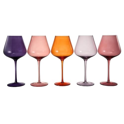 Khen Sunset Colored Crystal Wine Glass Set of 5, Large 20 OZ Glasses, Bright Italian Style Tall Stemmed Drinkware for Red & White Wine, Water Dinner Glasses, Color Beautiful Glassware - (Stemmed) thumbnail 9