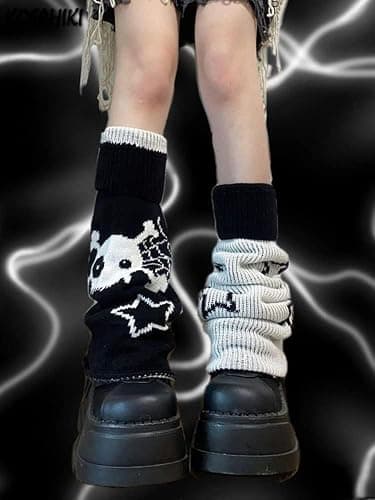 heyheyshine Y2k Star Skull Print Two Side Wear Knitted Leg Warmers Socks Punk Girls Japanese Kawaii Streetwear Leg Cover thumbnail 5