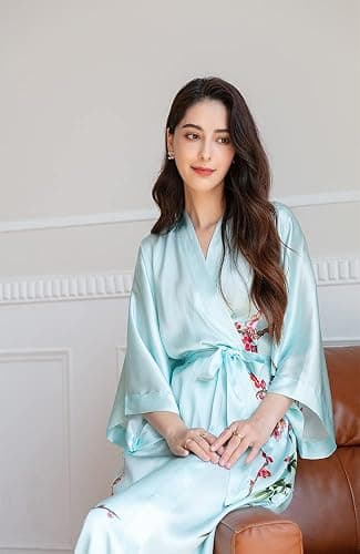 Kwedhonjh Women's Classic 100% Silk Kimono Robe, Bathrobe—Printed Pattern thumbnail 5