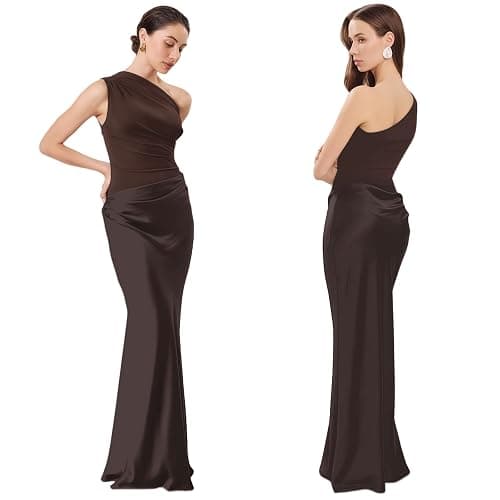 RARITYUS Women’s Elegant One Shoulder Maxi Dress Satin Ruched Bodycon Wedding Guest Dress Flowy Cocktail Evening Dresses thumbnail 2