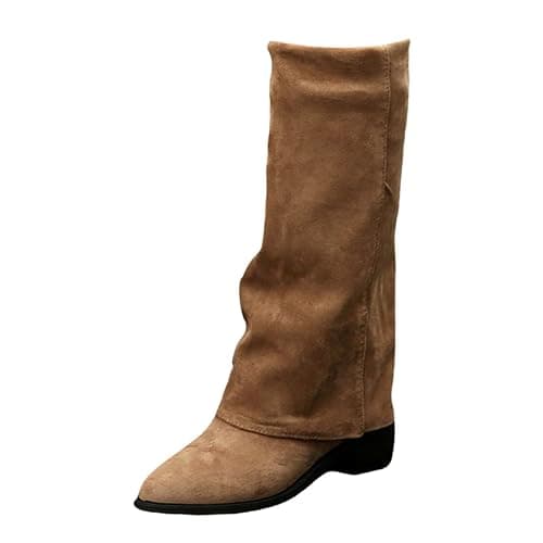 MJGkhiy Botas de mujer de invierno con tacón cómodas botas de gamuza elegantes cálidas botas hasta la rodilla marrones botines con polainas solapa vintage otoño negro botas vaquero - Image 1