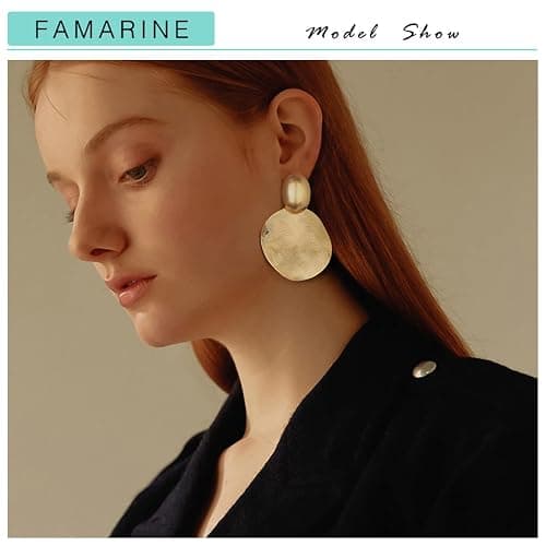 FAMARINE Big Disc Drop Earrings Gold Dangle Earrings Round Hammered Earrings Women thumbnail 2