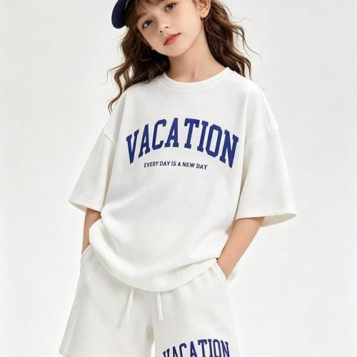 Klyatpxoen Size 6-12 Years Girl's Tracksuit Sets 2 Piece Outfits Letter Print Vacation Tee Top and Drawstring Waist Shorts thumbnail 3