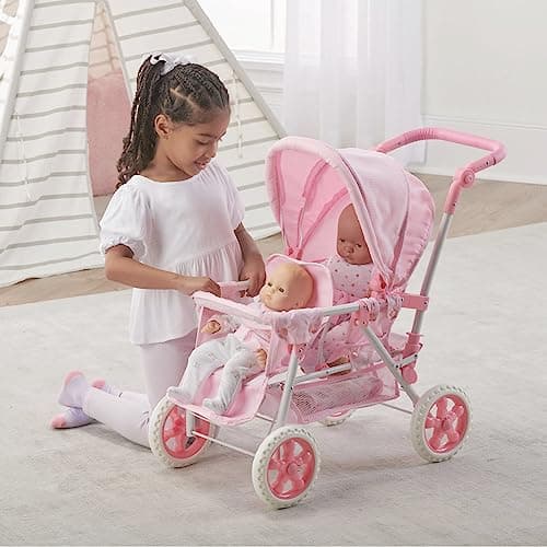 Badger Basket Double Front to Back Stroller for Dolls - Lightweight Foldable Toy Pram with Gingham Fabric Canopy and Storage Basket – Fun Pretend Play for Kids Ages 3 and Up - Pink thumbnail 6