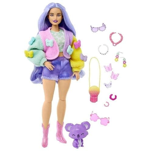 Barbie Extra Doll & Accessories with Wavy Lavender Hair in Colorful Butterfly Sweater & Pink Boots with Pet Koala thumbnail 7