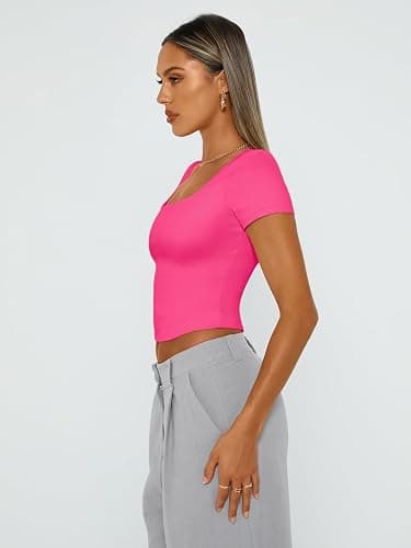 Trendy Queen Tshirts Shirts for Women Double Lined Going Out Crop Tops 2025 Spring Summer Workout Y2k Clothes Beach Fashion - X-Small - Neonpink thumbnail 3