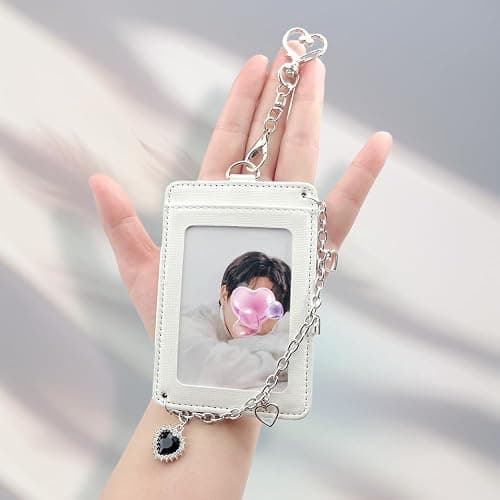 K-pop Photocard Holder Keychain with Metal Chain – 2 pcs Hard Protective Card Case with Heart & Star Clip Keychain, Decorative Charms for Toploader or Badge Black and White thumbnail 5