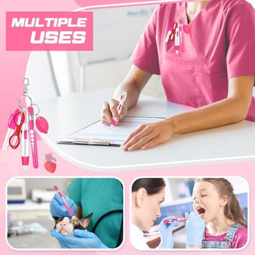 MotiMind 6 Pcs Nurse Pen Set Include Permanent Marker Pen Retractable Ballpoint Pen Keychain Clip Foldable Scissors Lights LED Flashlight Keychain for Nurse Accessories(Pink) thumbnail 5