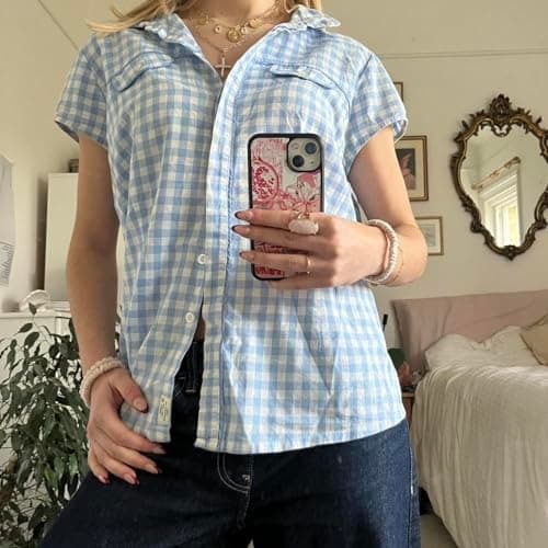 Women Y2k Button Up Shirt Cute E-Girls Short Sleeve V Neck Slim Fit Crop Top Fairy 90S Coquette Blouse S thumbnail 3